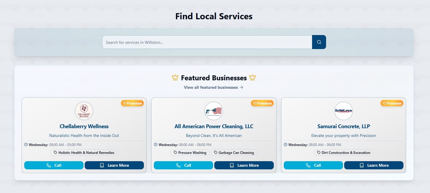 Featured Businesses carousel showing premium listings on homepage