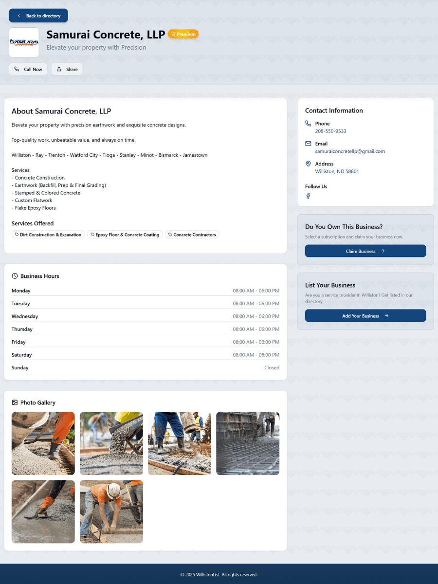 Detailed premium business listing showing Samurai Concrete with complete contact information and services